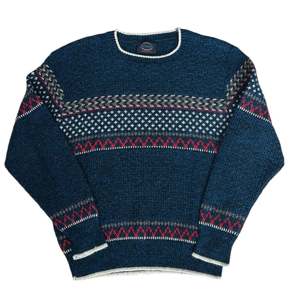 Vintage 80s Jantzen Wool Blend Fair Isle Nordic Sweater Blue Made in USA Size L